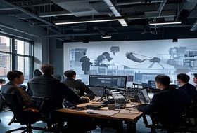 影视评论编辑部工作场景，专业影评人在大屏幕前分析日韩伦理作品的叙事结构，专业感十足