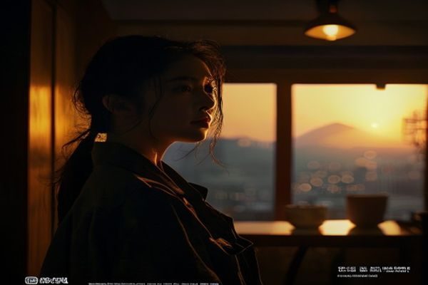 韩国伦理电影经典场景，女主角在昏黄灯光下的室内凝视远方，画面构图精致富有情感张力，体现日韩伦理影视的人文关怀